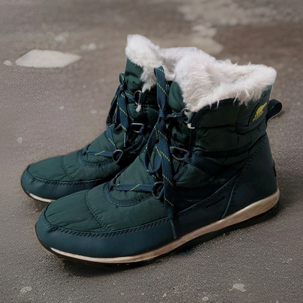 SOREL Whitney Short Lace Waterproof Winter Boots Teal Faux Fur Women Size 12